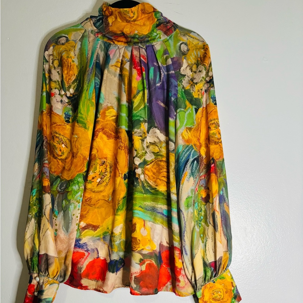 Painterly Floral High-Neck Blouse in Yellow Multicolor
